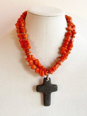 Vintage Lava Rock Cross Pendant Stone Beaded Necklace.